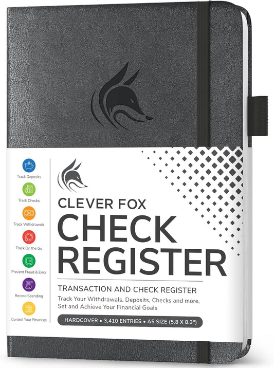 Clever Fox Check Register Book - Deluxe Transaction Register, Accounting Ledger Book, Checkbook Register & Checking Account Register Book for Personal and Work Use, A5 Hardcover - Mystic Gray