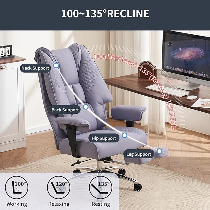 Big and Tall Office Chair 400lbs Wide Seat, Leather High Back Executive Office Chair with Foot Rest, Ergonomic Chairs Lumbar Support for Lower Back Pain Relief (Light Purple)