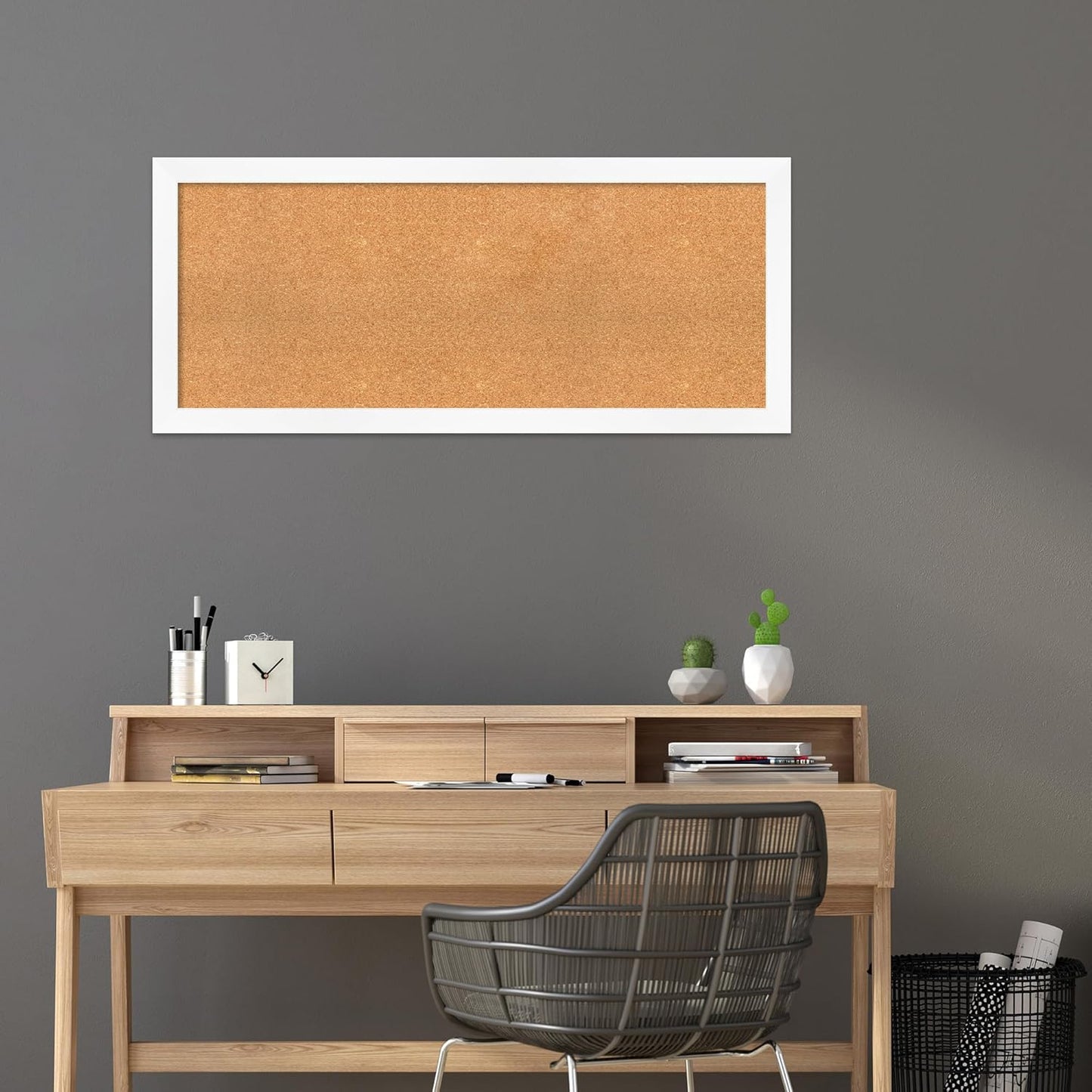 Amanti Art Natural Cork Board for Wall, 21x49 Vision Board with White Frame, Oversize Corkboard Office Decor for Home Organization, Modern Corkboard Pinboard to Display Items for Home Organization in