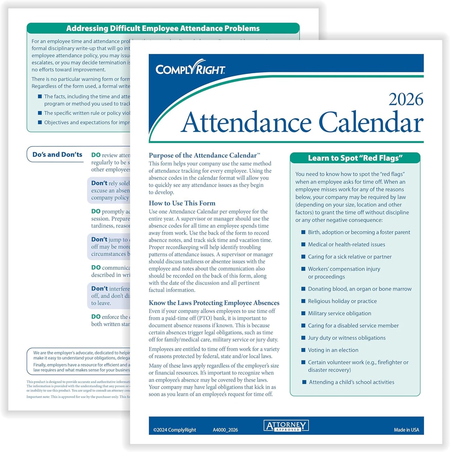 2026 Attendance Calendar Card, White, Pack of 50