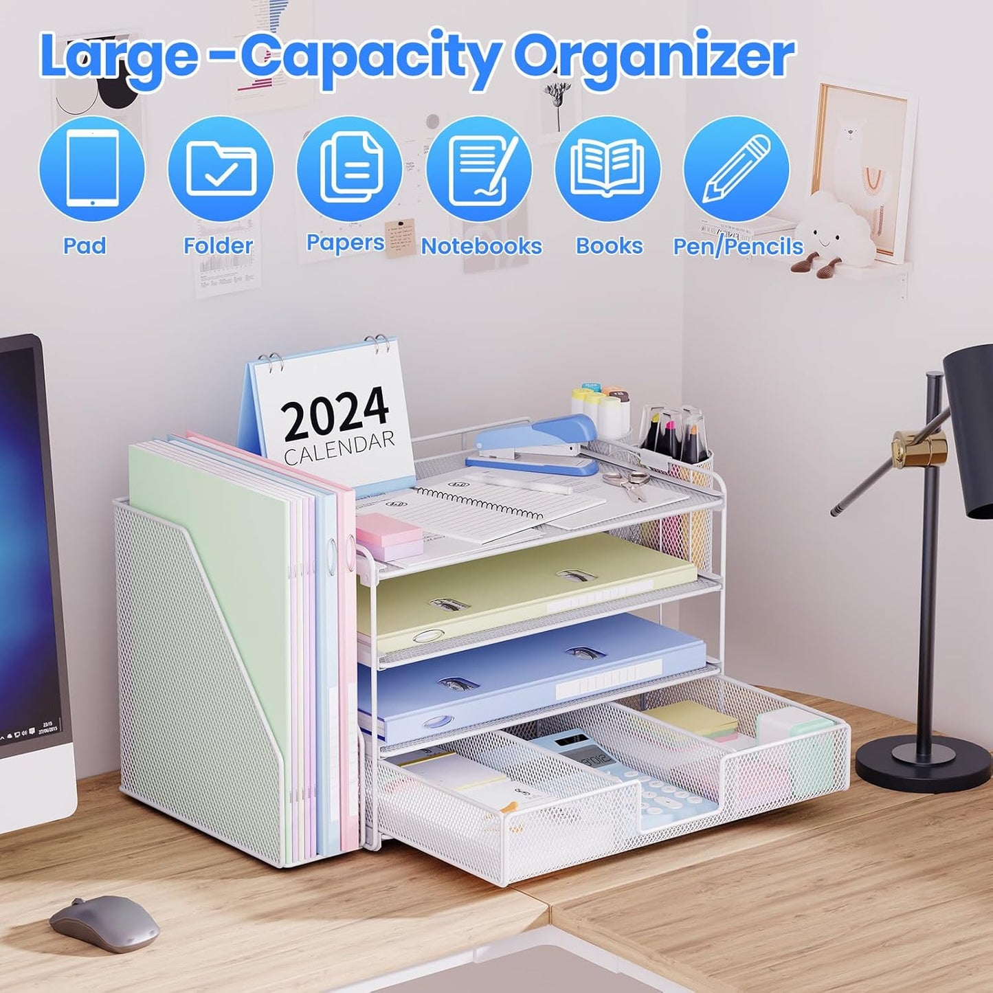 Desk Organizer and Accessories, 4-Tier Desktop File Organizer with Drawer and 2 Pen Holders, Office Desk Accessories for Office Supplies(White)