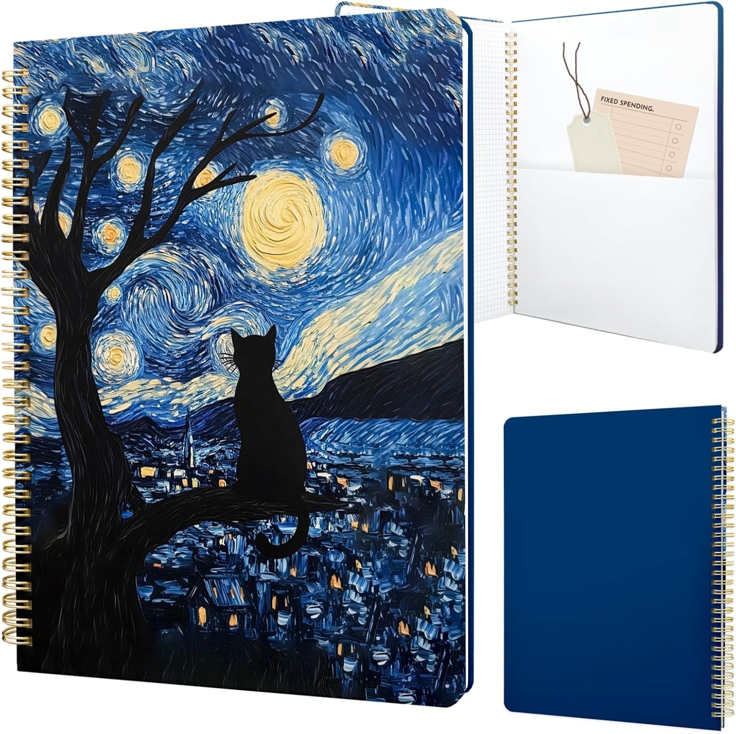 Cute Spiral Notebook journal A4 Aesthetic Pretty Design for Women Girls Kawaii with Pocket, 8.5 x 11 inch, Graph, Cat Galaxy