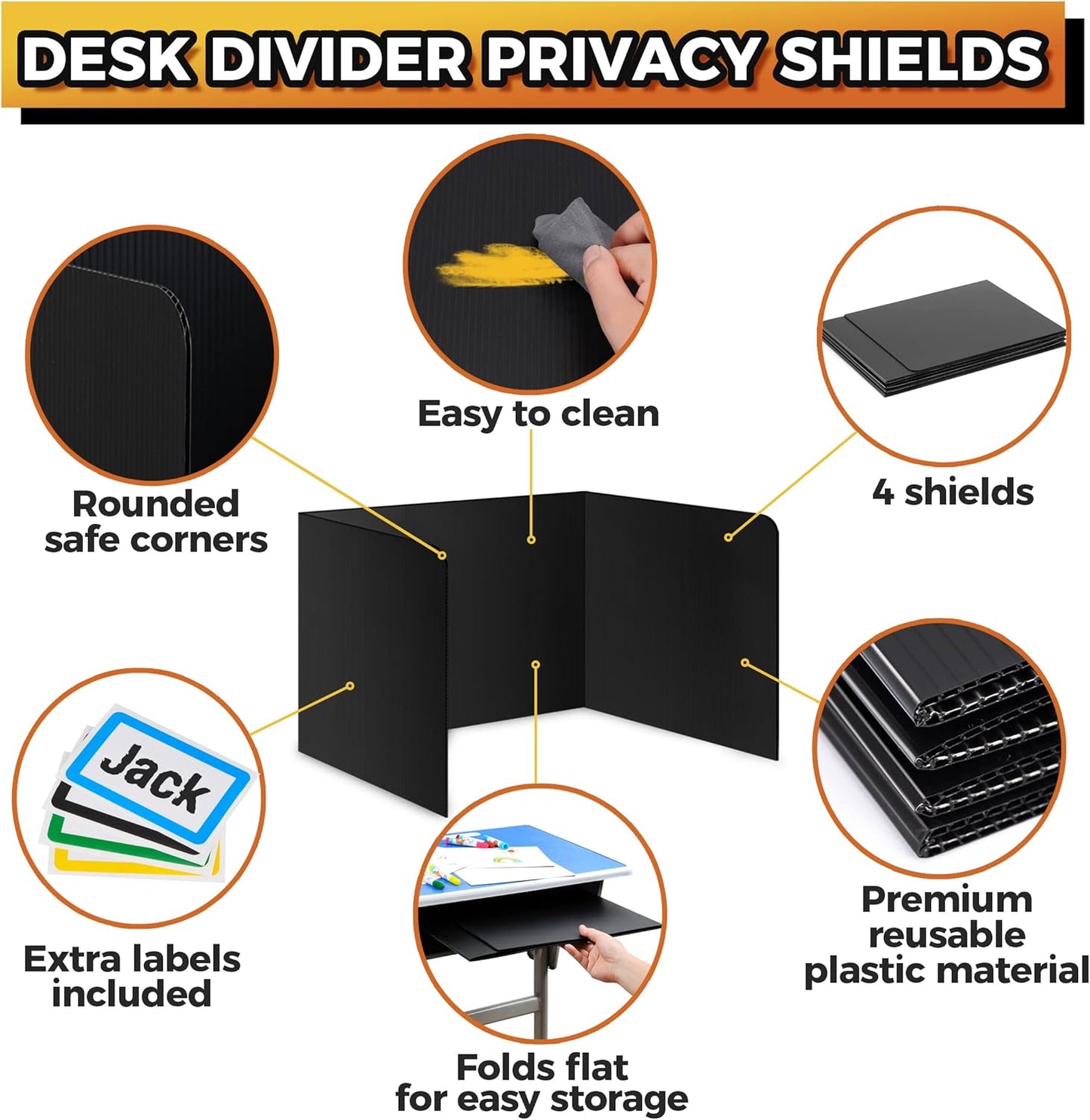 4-Pack Desk Dividers for Students - Durable & Waterproof Plastic Study Carrel Divider, Classroom Folders Teacher Supplies, Easy-to-Clean Plastic Privacy Shield Folder Boards for Student Desks, Black