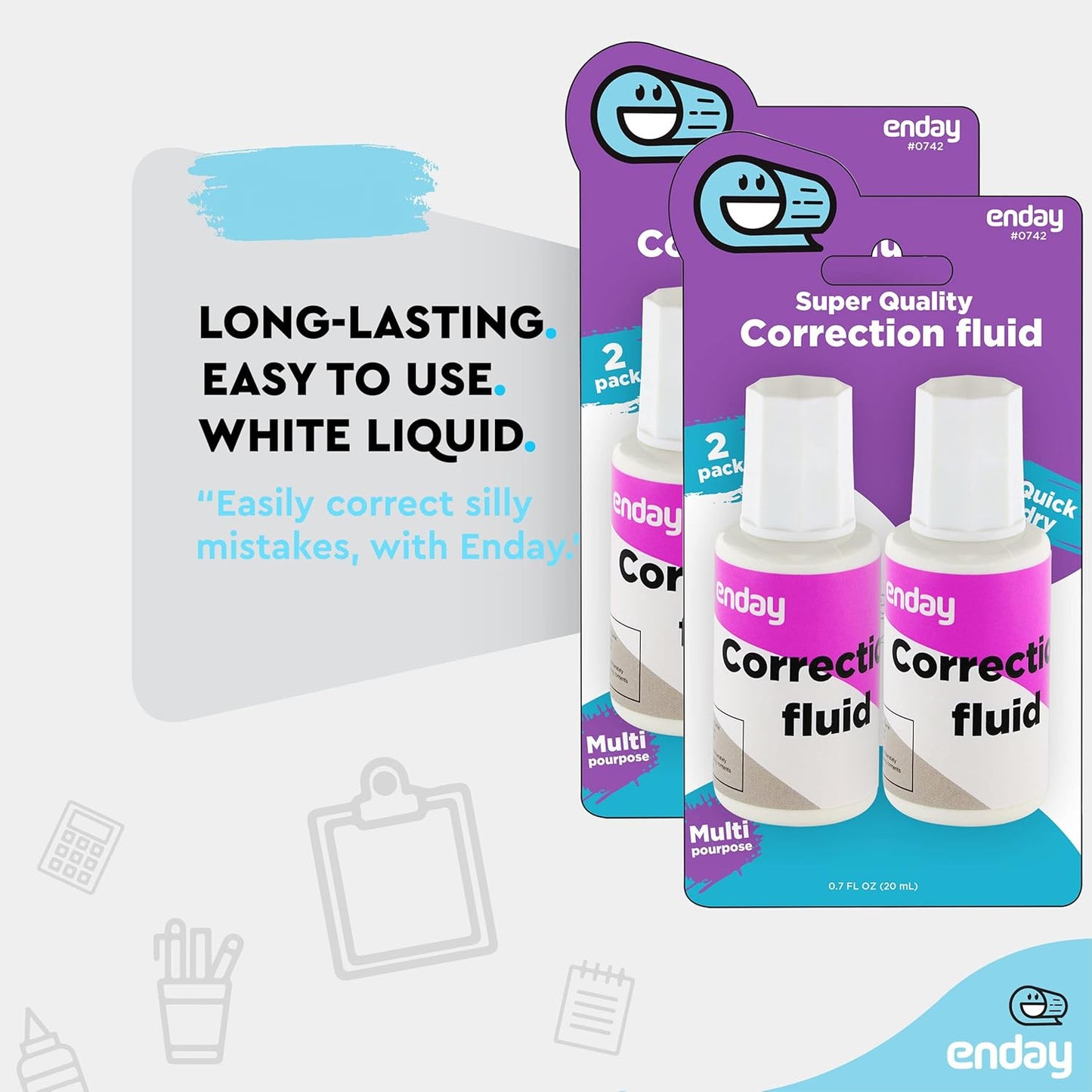 Enday White Out Liquid Correction Fluid, 7 fl. Oz. / 20 ml Foam Wand Applicator Quick Dry Liquid Paper Whiteout, Multi-Purpose Smooth Wite Out Corrector for Office, and Home, 4 Pack