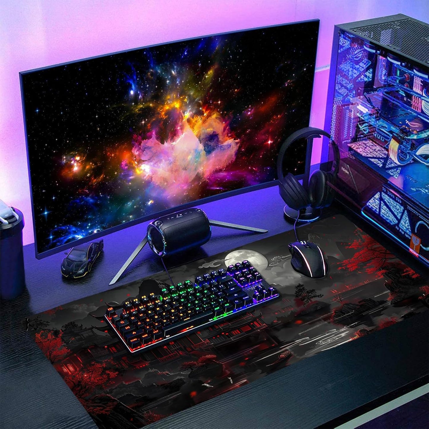 Full Moon Night Gaming Mouse Pad XXL Black Red Mountain Japanese Extended Large Mat Mousepad Desk Pad Non-Slip Rubber Base Stitched Edge Keyboard Pad Playmat for Computer,35.4×15.7 Inch