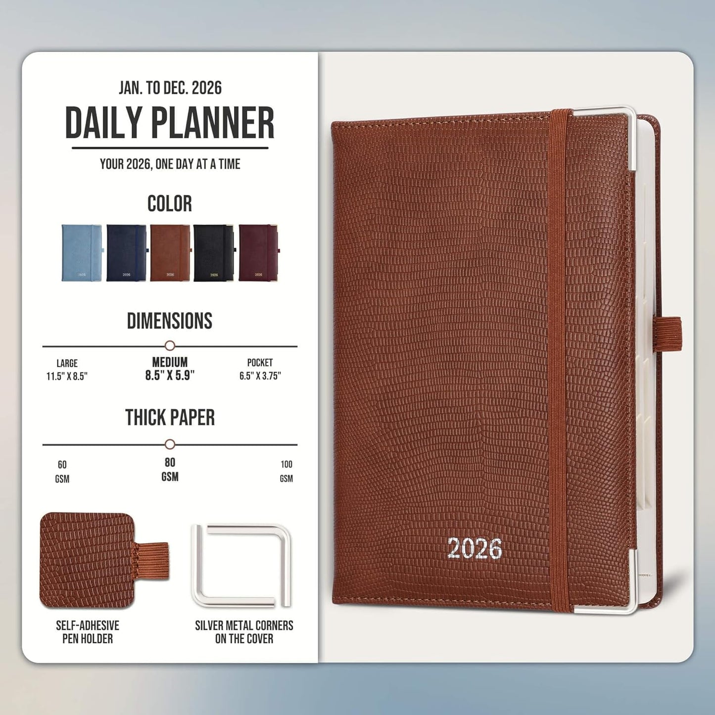 Daily Planner 2026 with One Page Per Day,(A5-8.5" x 5.9"),12 Months Calendar Hourly Appointment Book Monthly Tabs&Self-adhesive Pen Holder,Inner Pocket,Durable Vegan Leather Hardback,Brown