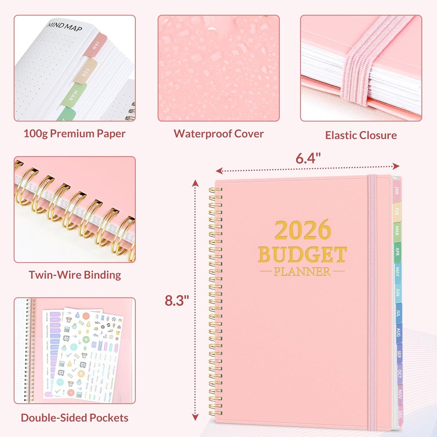 2026 Budget Planner - Monthly Budget Book from JAN 2026 - DEC 2026 with Expense Tracker Notebook, A5 Size (6.4" x 8.3") Bill Organizer & Finance Planner Account Book to Manage Your Finances, Pink