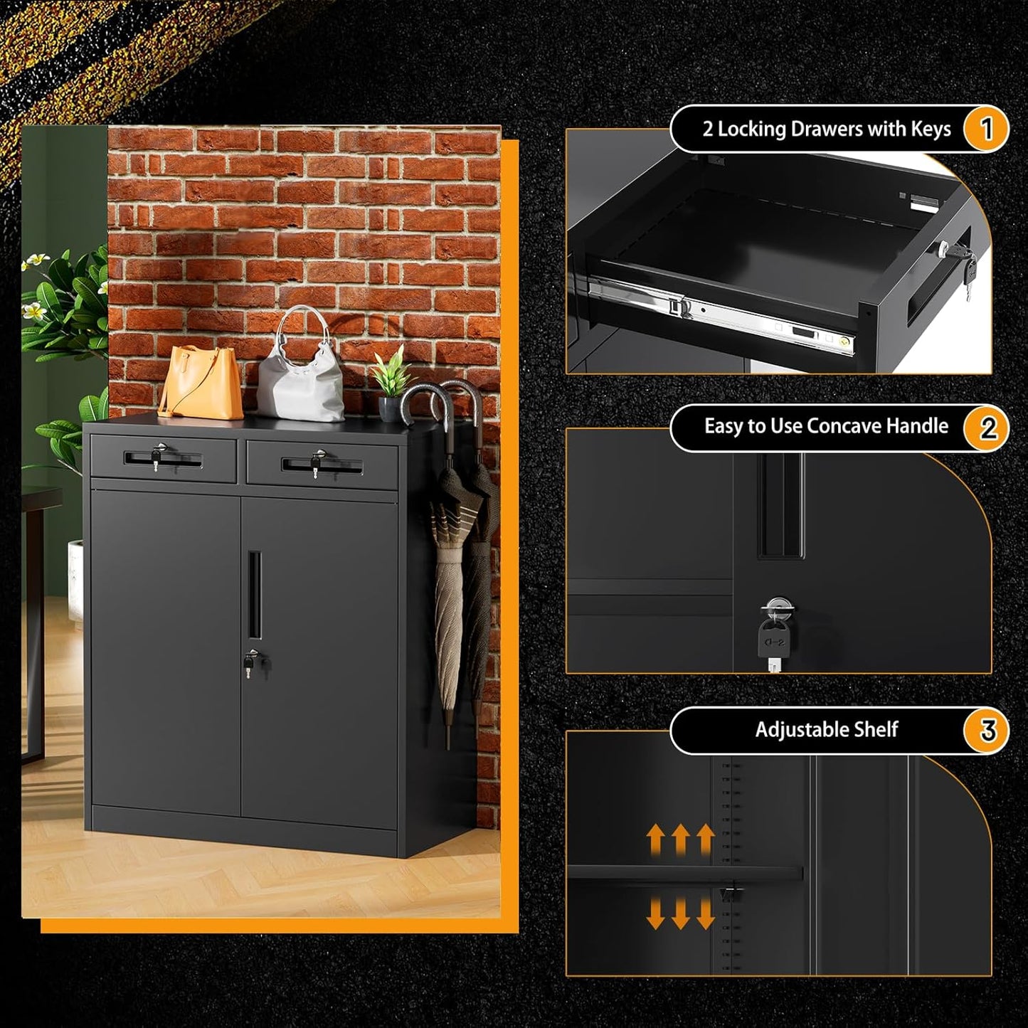 Greenvelly Metal Storage Cabinet with Drawers, 36' Black Steel Garage & Office Storage with Doors and Adjustable Shelves, Locking Metal Tool Cabinet