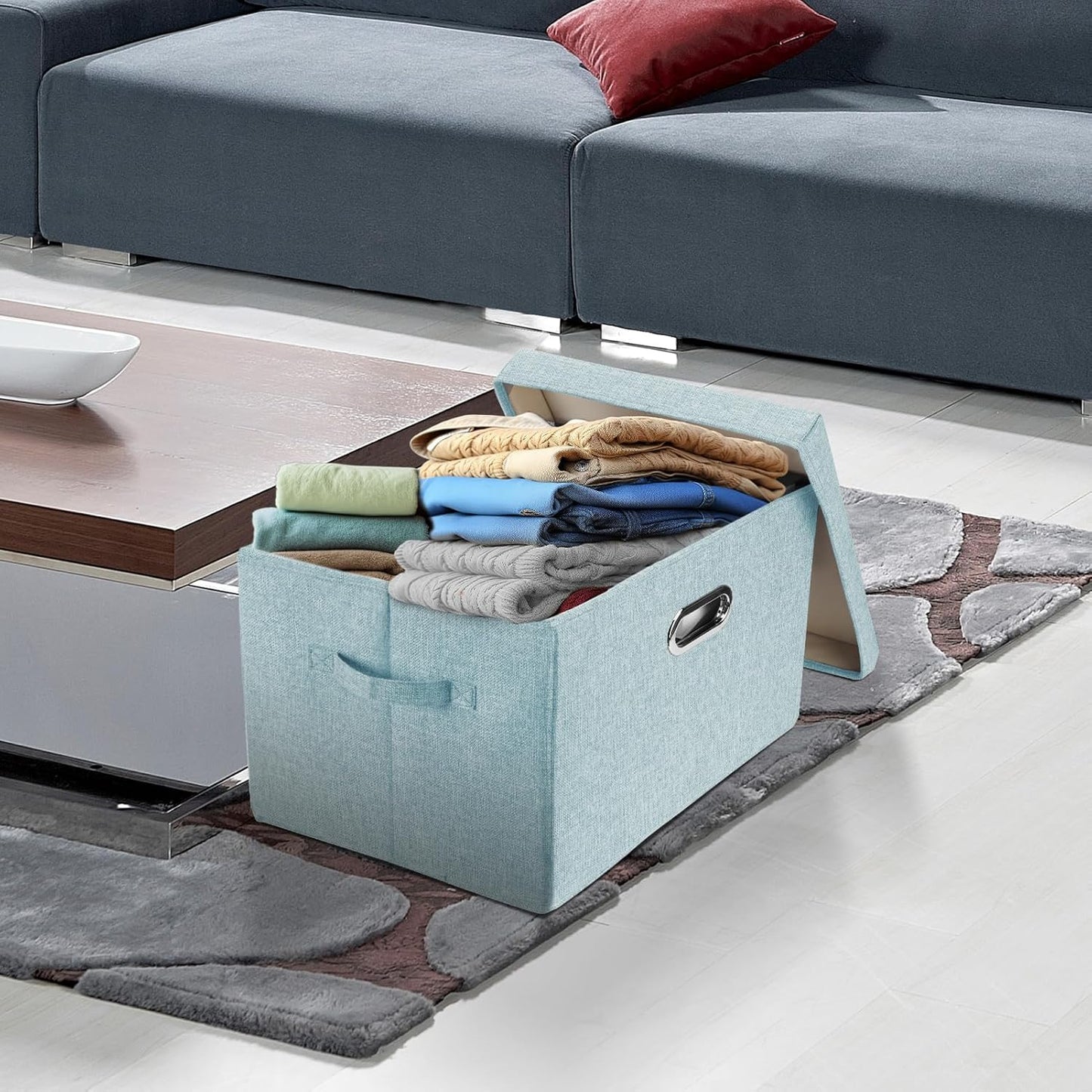 TYEERS Large Storage Bins with Lids, Collapsible, Washable, Fabric Storage Boxes for Organizing, 17.3x11.8x11.4 inches, 3 Pack, Aqua Spring