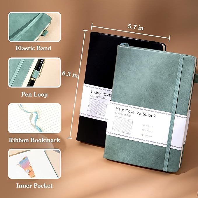 CAGIE 2 Pack Notebooks Journals for Women Men Hardcover A5 Journaling Notebooks Leather Journals for Writing Thick Journal Supplies Diary, Green& Black