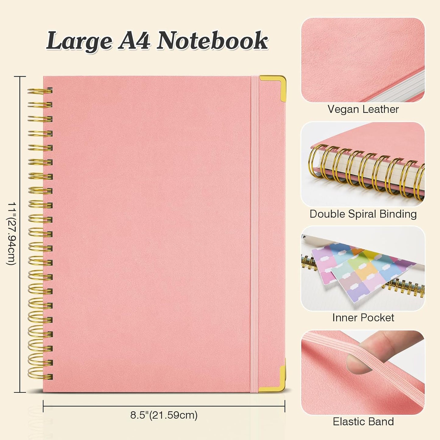 Bullet Dotted Journal Spiral Notebook, 300 Pages Leather Notebooks with Contens, 120 GSM Thick No Bleed Through Paper Journals, A4 Large Dot Grid Notebook for Women Men Work Writing, 8.5" x 11", Pink