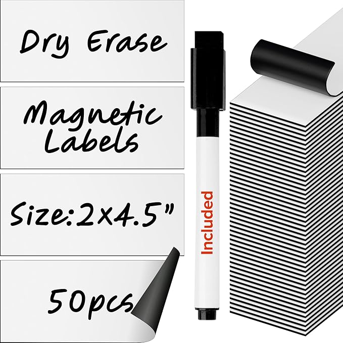Dry Erase Magnetic Labels - Reusable Sticky Notes - Magnetic Notepads for Refrigerator (White, 50)