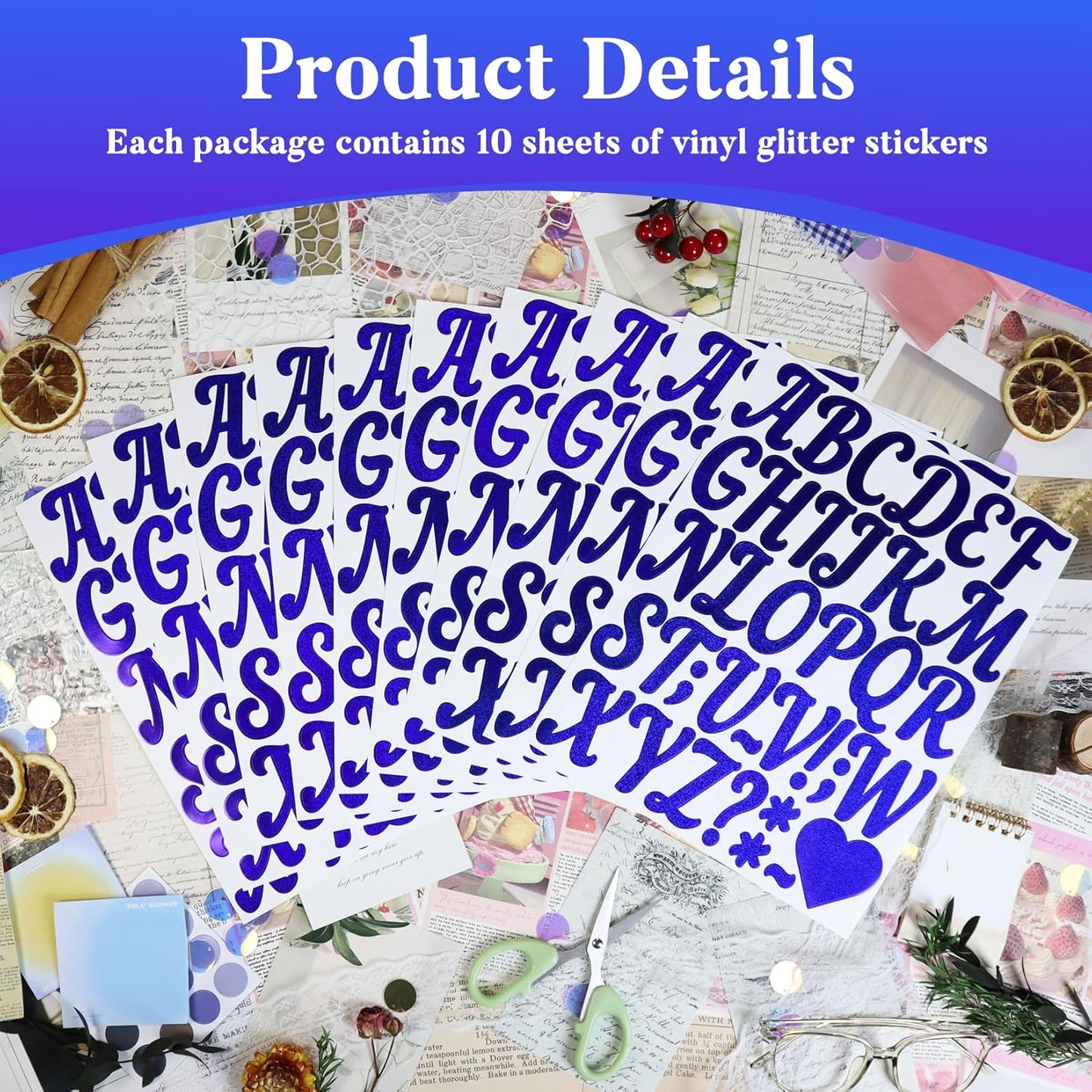 Glitter Letter Stickers,10 Sheets 2 Inches Self-Adhesive Vinyl Letters Alphabet Sticker Decals for Scrapbook,Door,Mailbox,Bulletins Boards -Blue