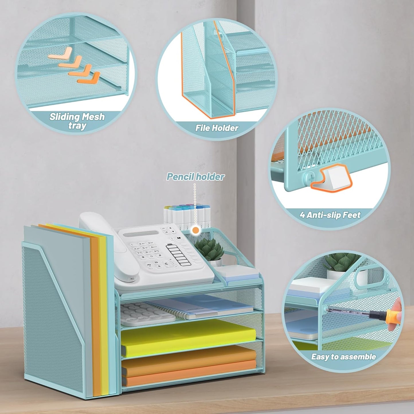 DocNest 4 Tier Paper Letter Tray File Organizer, Mesh Desk File with Handle, Workspace Desk Organizers with Pen Holder, Office Organization Storage Accessories - Blue