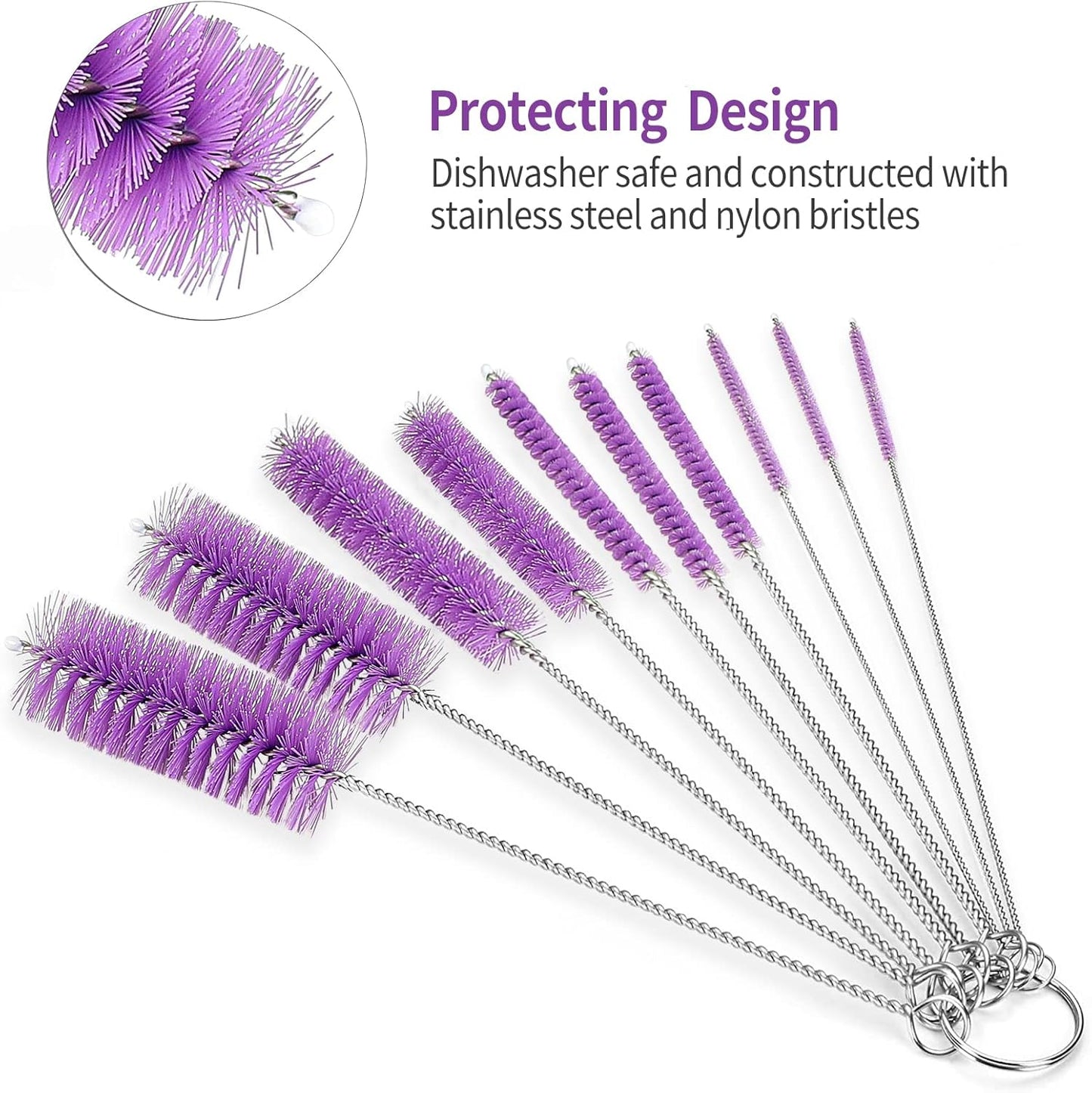 CiaraQ Bottle Cleaning Brushes, 8 Inch Nylon Tube Brush Set, Cleaner for Narrow Neck Bottles Cups with Hook, Set of 10pcs. Purple