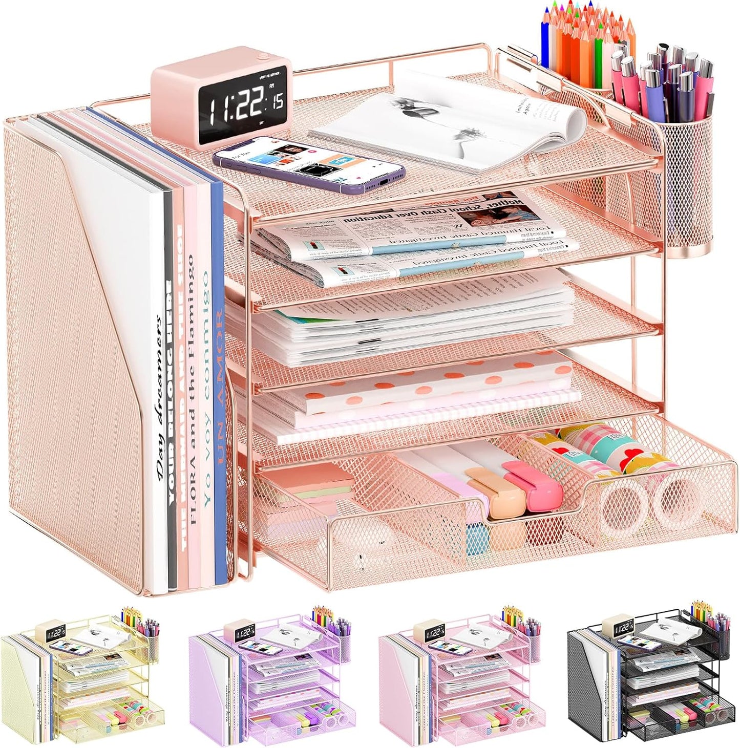 Desk Organizers and Accessories, 5-Tier Paper File Organizer with Drawer & Pen Holder, Office Desk Accessories Workspace Desktop Organizer for Office Supplies (Rose Gold)