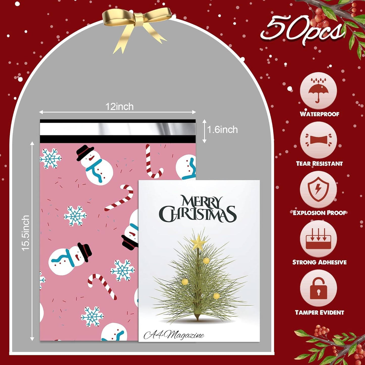 Christmas Poly Mailer 12x15.5 Inch 50 Pcs, Waterproof Shipping Bags for Clothing, Tear-Resistant Mailier, Strong Mailing With Self-Seal - Snowmen Printed