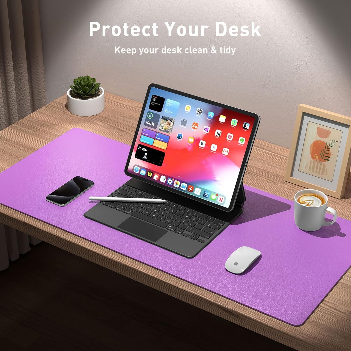 Aothia Leather Desk Pad Protector, Office Desk Mat, Large Mouse Pad, Non-Slip PU Leather Desk Blotter, Laptop Desk Pad, Waterproof Desk Writing Pad for Office and Home (48"x17", Iris Violet)