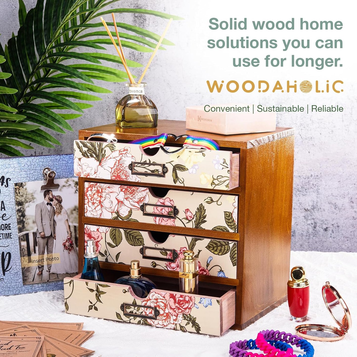 4-Drawer Vintage Desk Organizer with Jacobean Pattern Pastel Flowers Curio Drawer Dresser, Closet, Tabletop - Embroidery Reel Shelf Wood Desktop Organizing Cabinet - Victorian Floral Design