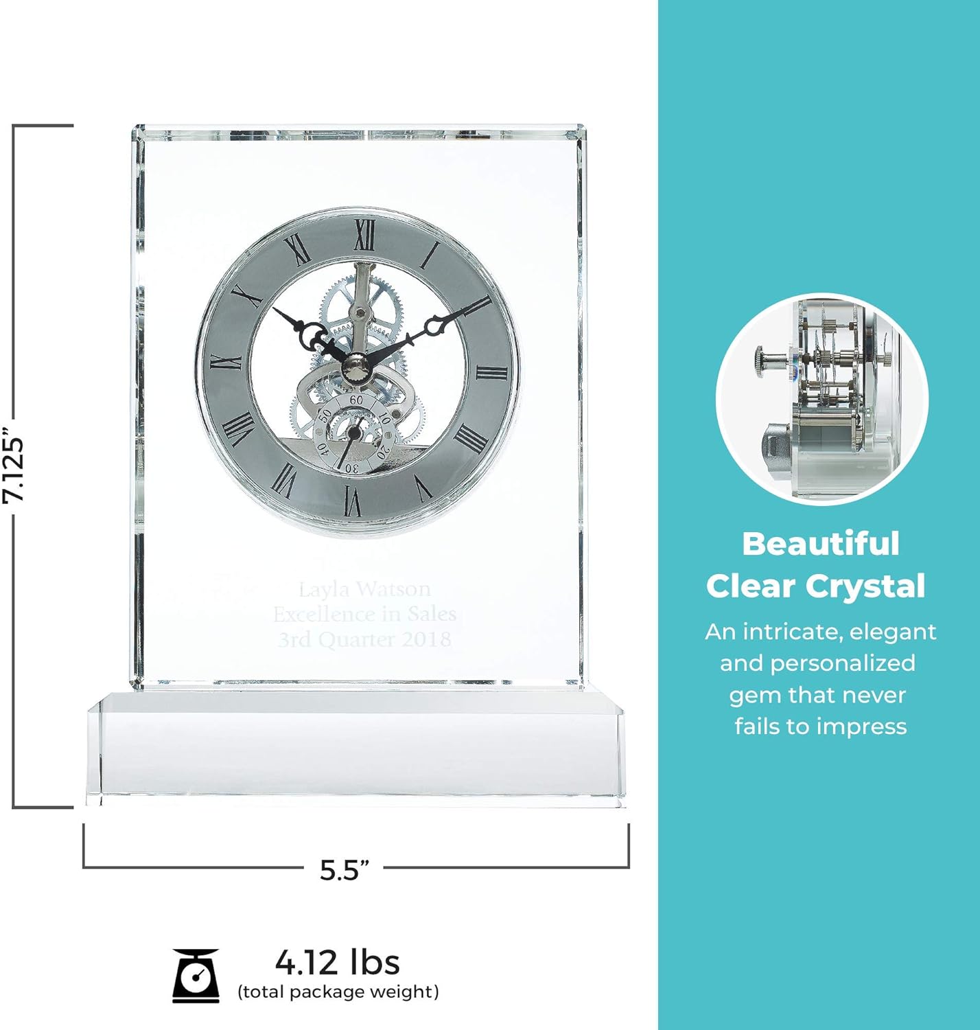 Baudville Engraved Clock Trophy - Executive Crystal - Rectangular Shaped on a Rectangular Base - Silver Inset Time Piece (Rectangle Silver Custom Logo)