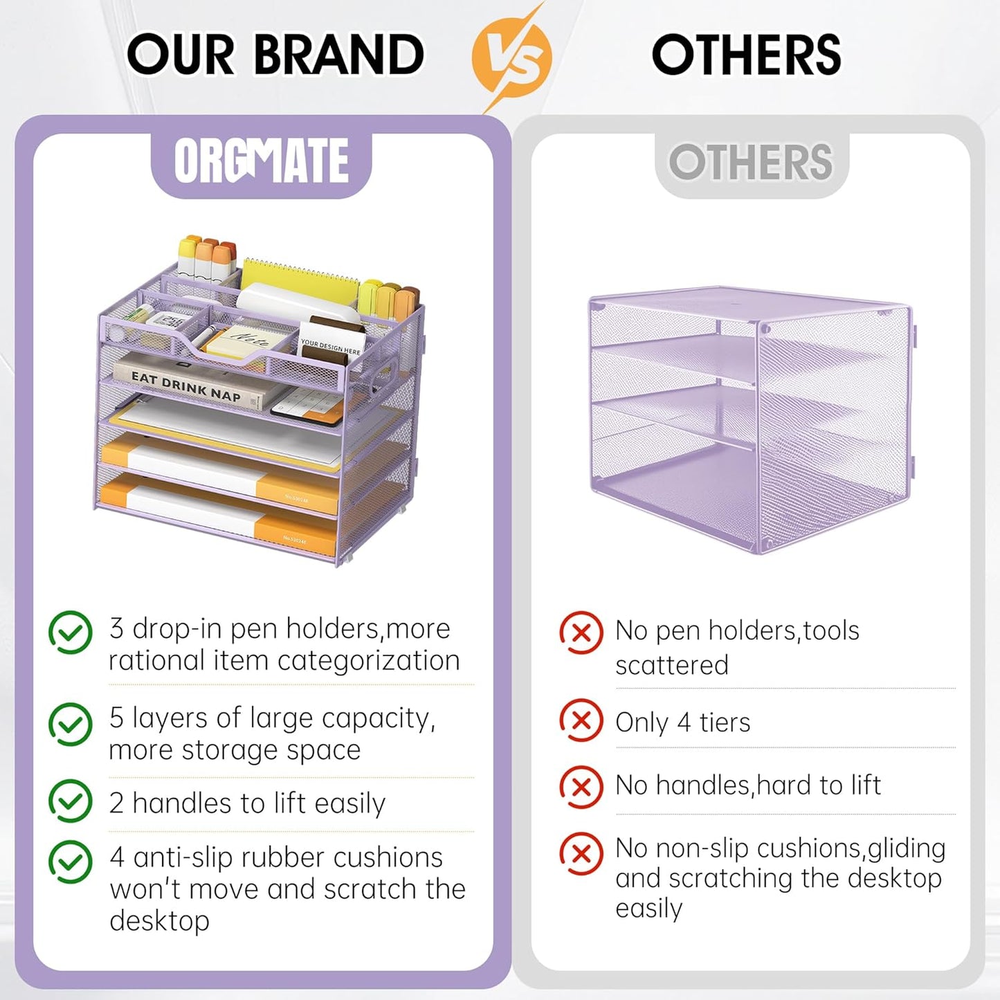 5 Tier Paper Letter Tray with 3 Drop-in Pen Holders, Mesh Desk File Organizer with Handle, Desk Organizers and Accessories for School,Home, Office Supplies Storage-Purple