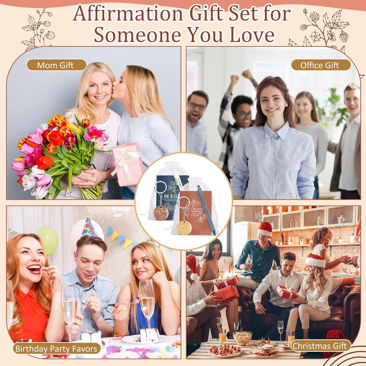 72 Pcs/24 Set Positive Affirmation Gift Set Gratitude Notebooks with Affirmation Pens Acrylic Keychains Small Bags Motivational Notepads for Women Coworkers Adults Party Favors (Vibrant)
