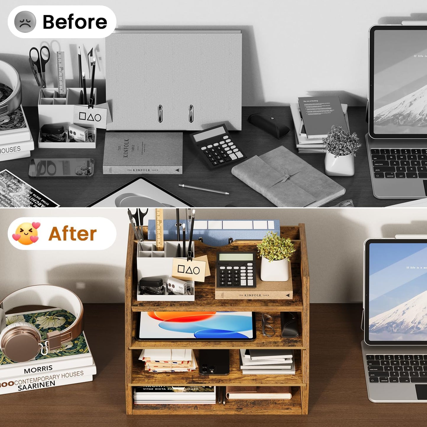 4-Tier Desk Organizer with File Holder, Wooden Desktop Organizer for Papers, Folders & Office Supplies, Space Saving Letter Tray Mail Organizer for Home Office School Accessories, Rustic Brown