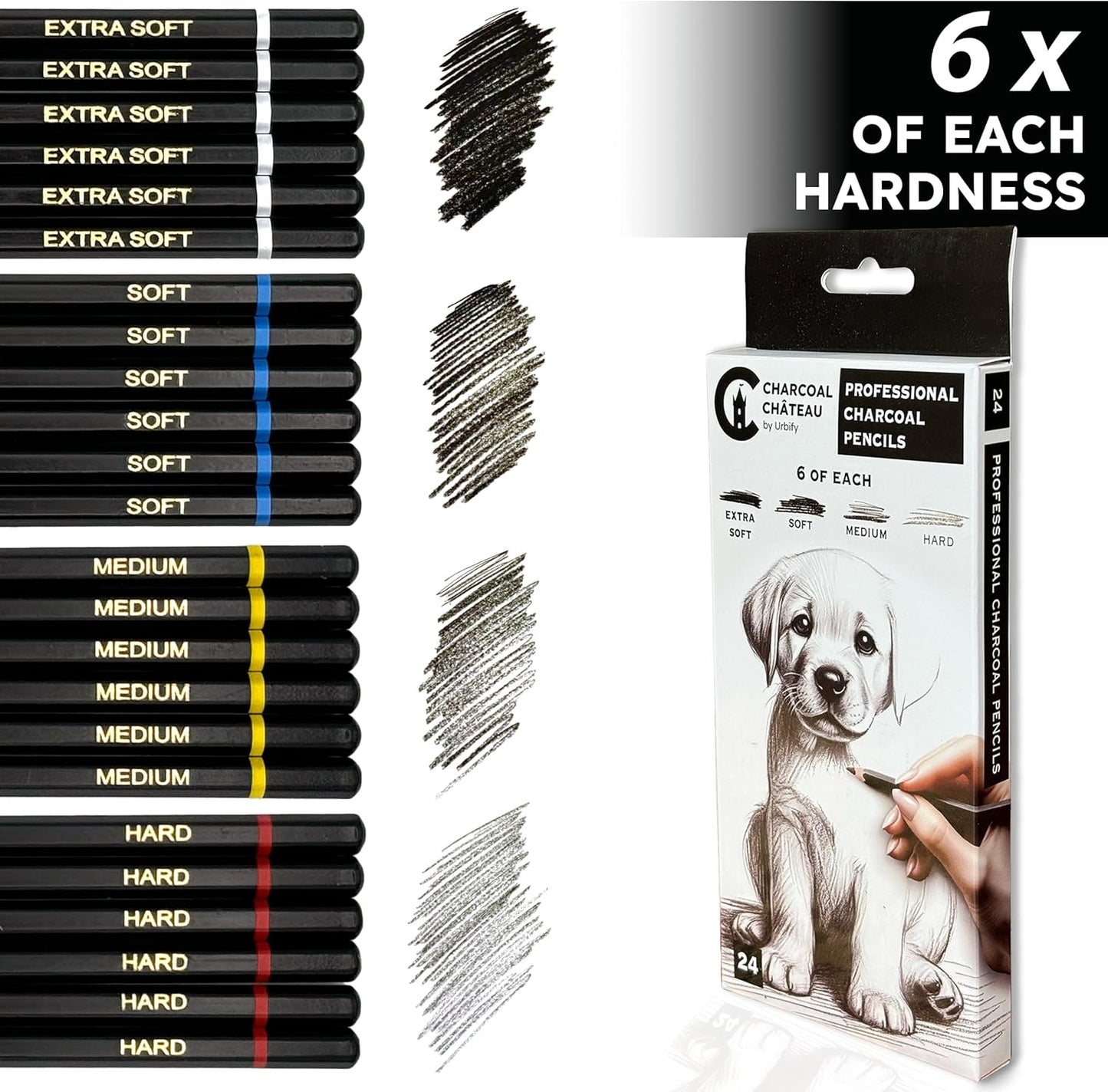 Charcoal Château - 24 Charcoal Pencils - Four Professional Hardness Levels - Perfect for Rich Shading, Sketching, Drawing & Art (24PCs)