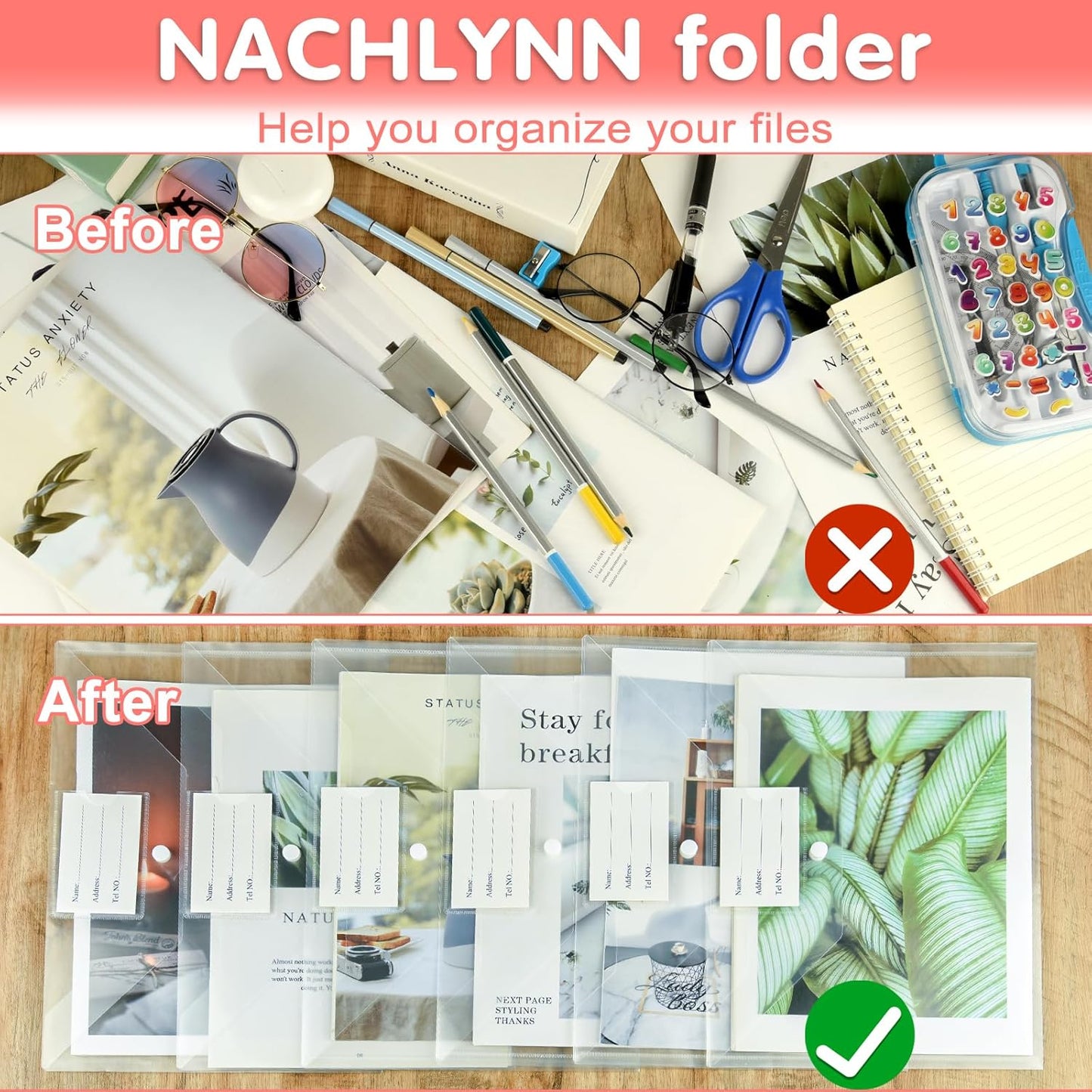 NACHLYNN 48pcs Plastic Envelopes Plastic Folders with Snap Closure, A4 Size Clear File Envelopes with Label Documents Folders Organizers for Home Work Office Organization