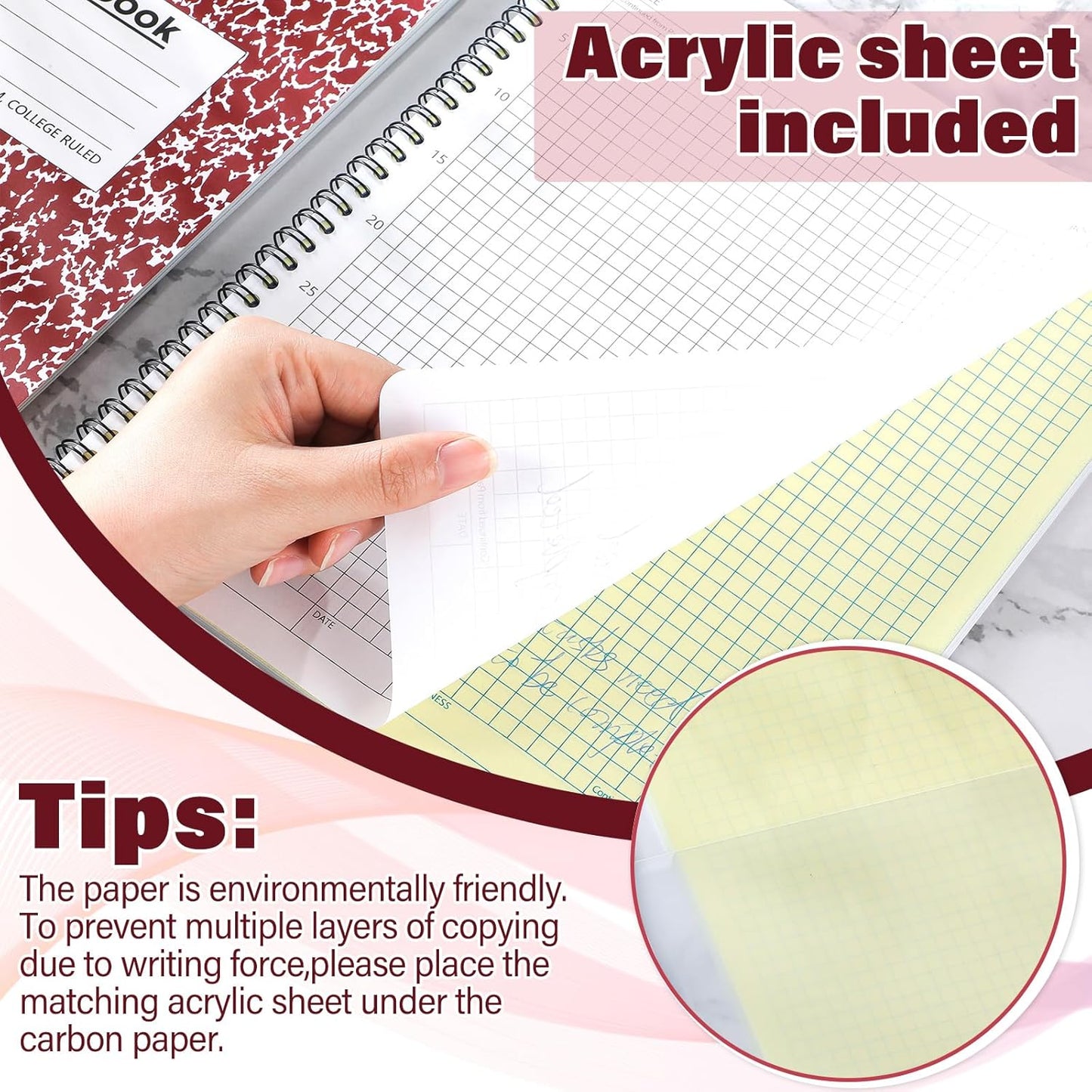 2 Pack Carbonless Lab Notebook Carbon Copy 8.5'' x 11'' Laboratory Engineering Chemistry Computation Notebook Science Grid Contains 50 Set Pages 100 Sheets Total Coil Binding(Wine Red)