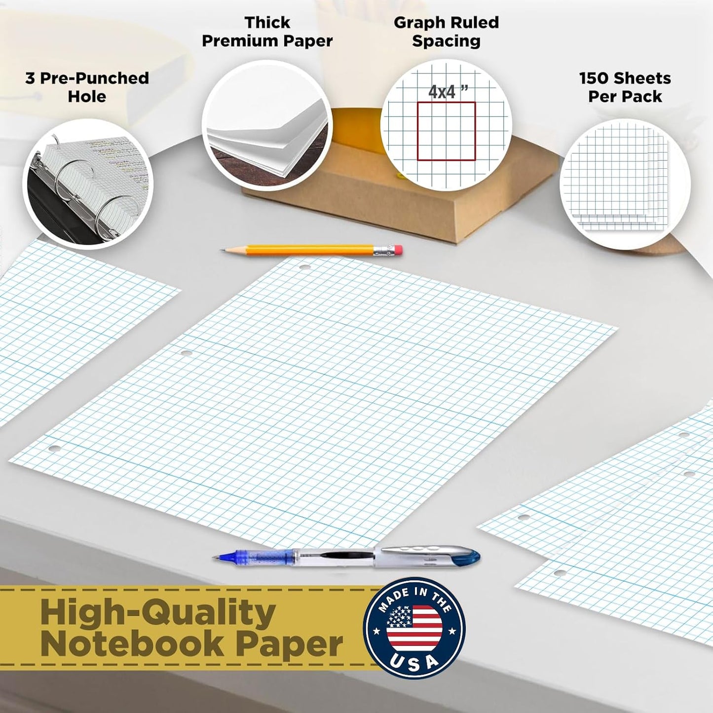 Woodlake Loose Leaf Graph Paper, 4x4 Quad Ruled Notebook Paper, 8 x 10.5” Graphing Paper, 150 Sheets per Pack, 3 Pack Filler Paper, 3 Hole Punched, Made in USA