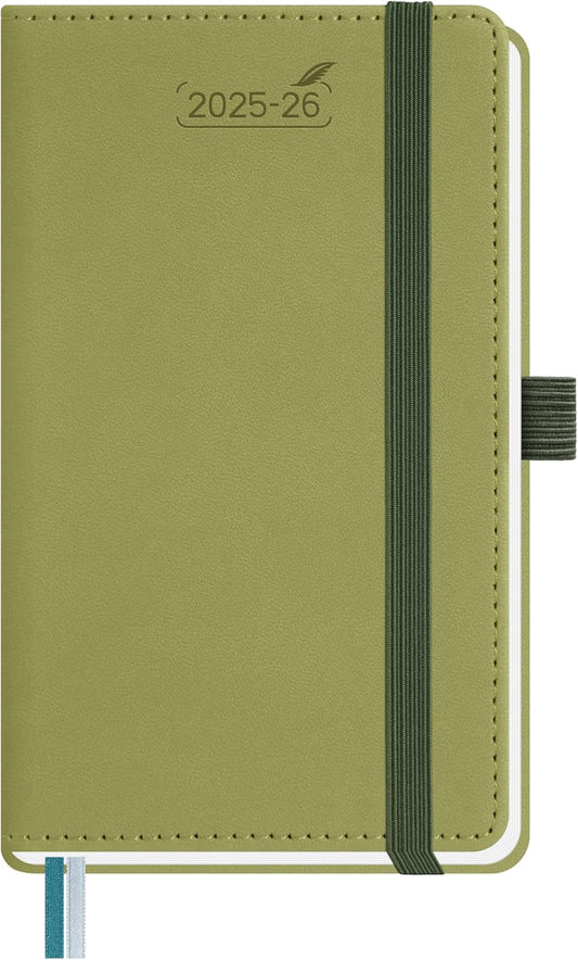 BEZEND Pocket Planner 2025-2026 Weekly and Monthly, 3.5" x 6" Academic Planner (Jul 25-Dec 26) 18-Month Mid-Year Calendar Book, Storage Pocket, Pen Holder, PU Leather Hardcover - Kiwi