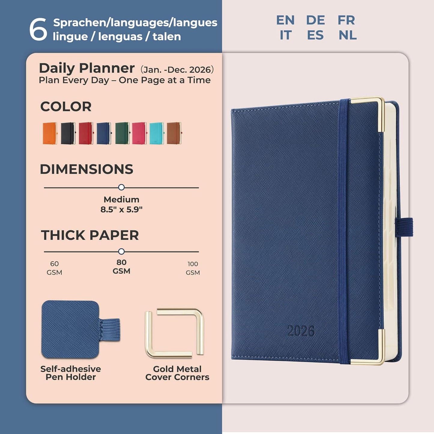 Daily Planner 2026 with One Page Per Day,(A5-8.5" x 5.9"),12 Months Calendar Hourly Appointment Book Monthly Tabs & Self-adhesive Pen Holder,Inner Pocket, Vegan Leather Hardback,Blue