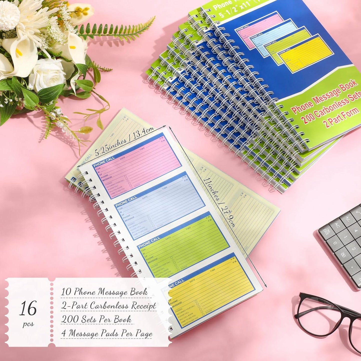 Sinmoe 16 Pcs Spiral Bound Phone Message Book with Carbon Copy 5-1/2" x 11" 2 Part Colorful Carbonless Telephone Message Pads Duplicate Spiral Phone Call Log Book for Business Office
