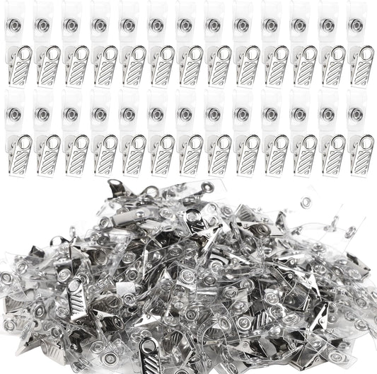 Happy Trees 200 Pcs Metal Badge Clips with Clear PVC Straps, ID Holder Clip for Badge Holders, Name Tags, ID Cards, Work Badges