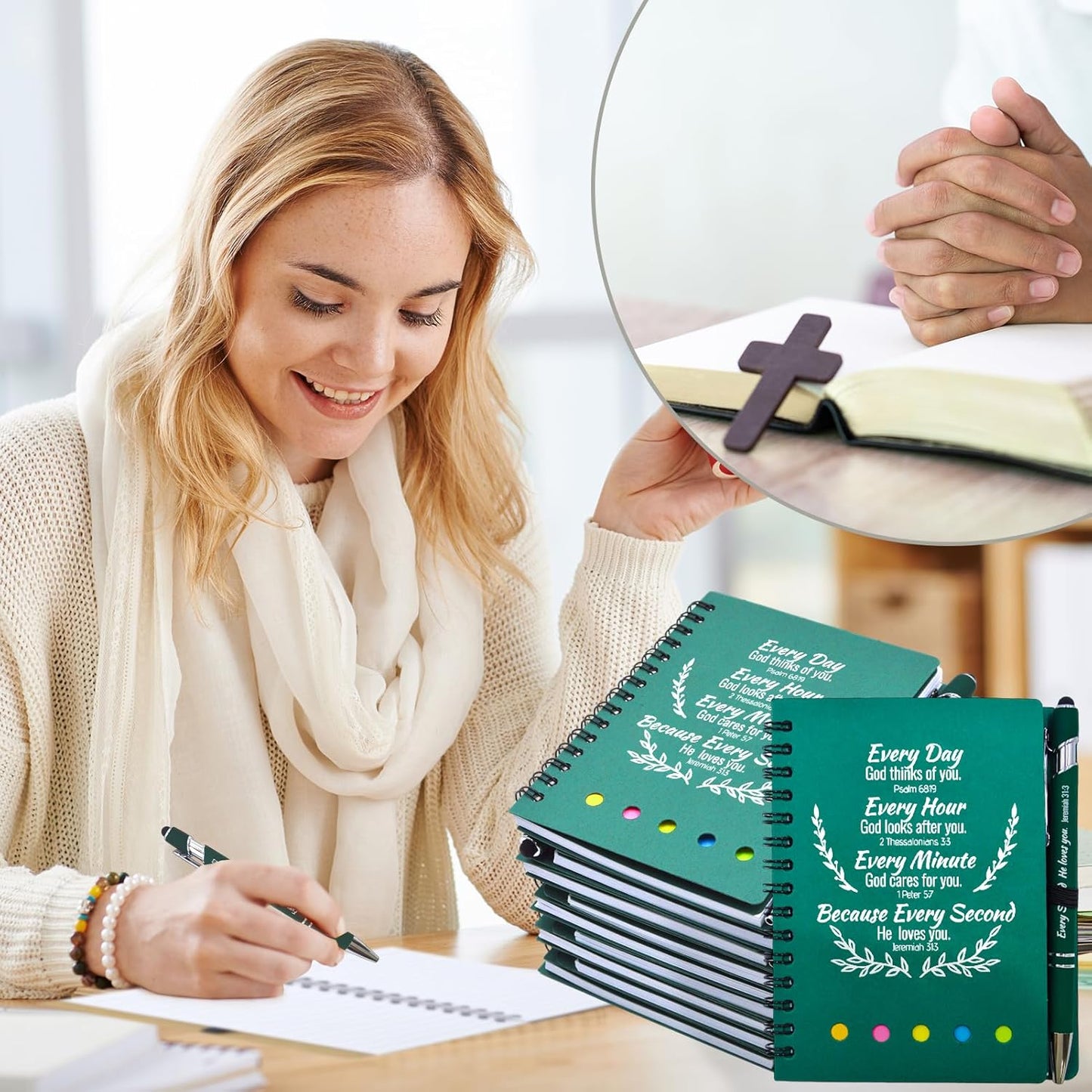 60 Pcs Bulk Fathers Day Christian Gifts Prayer Journal for Woman - 30 Set Religious Notepad with Christian Pen - Bible Notebook - Church Gifts for Inspirational, Bible Study, Devotions ( Green )