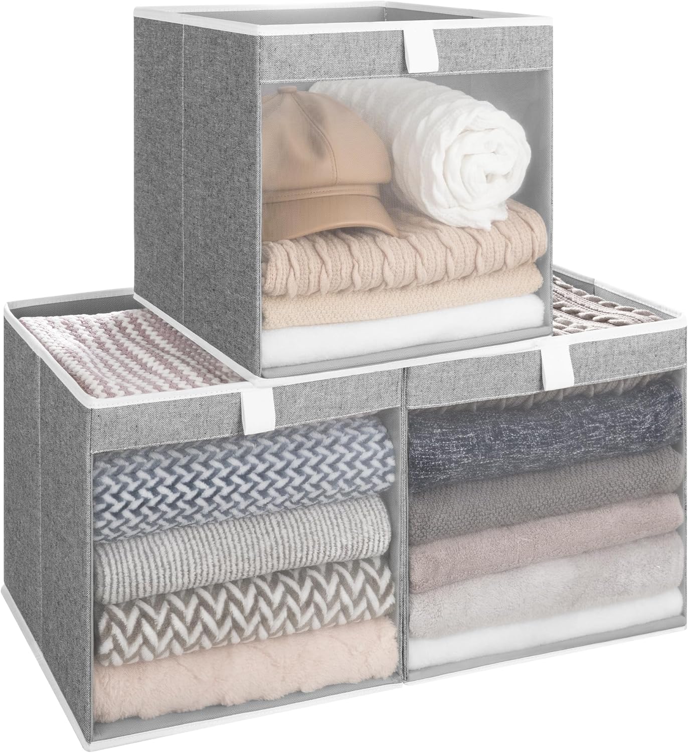 StorageWorks 13x13 Storage Cubes, Closet Storage Bins with Clear Window, Large Fabric Organizer for Clothes, Collapsible Storage Baskets with Handles, Gray, 3-Pack