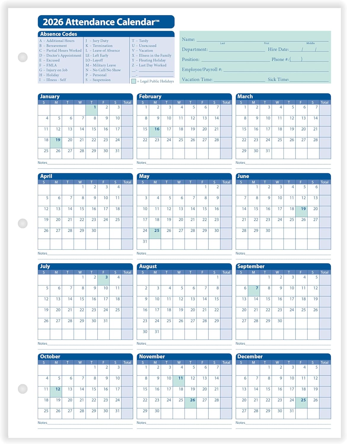 2026 Attendance Calendar Card, White, Pack of 50