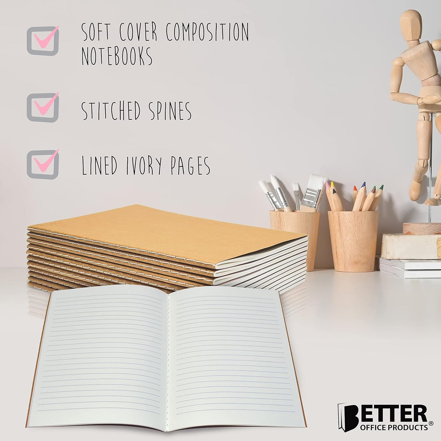 Better Office Products Kraft Notebooks with Lined Paper, 24 Pack, 8.3 in x 5.5 in, A5 Size, 60 Lined Ivory Pages, 80 gsm, Soft Cover Composition Notebooks, Stitched Spines, Kraft Travel Journals