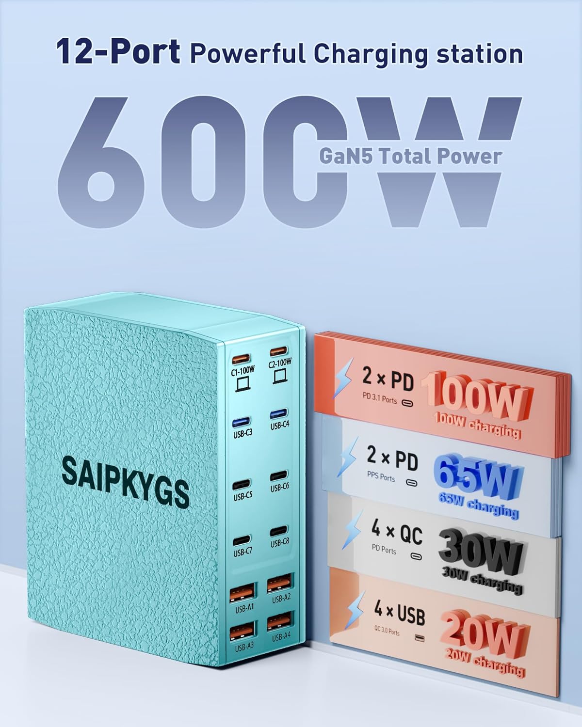 Charging Station (600W),12-Port USB C Charger Block with Dual 100W PD USB-C Fast Charging Station Hub for MacBook Pro/Air/All iPad iPhone 17/16 15/14/13/Pro Max/Samsung Galaxy Note(Green)