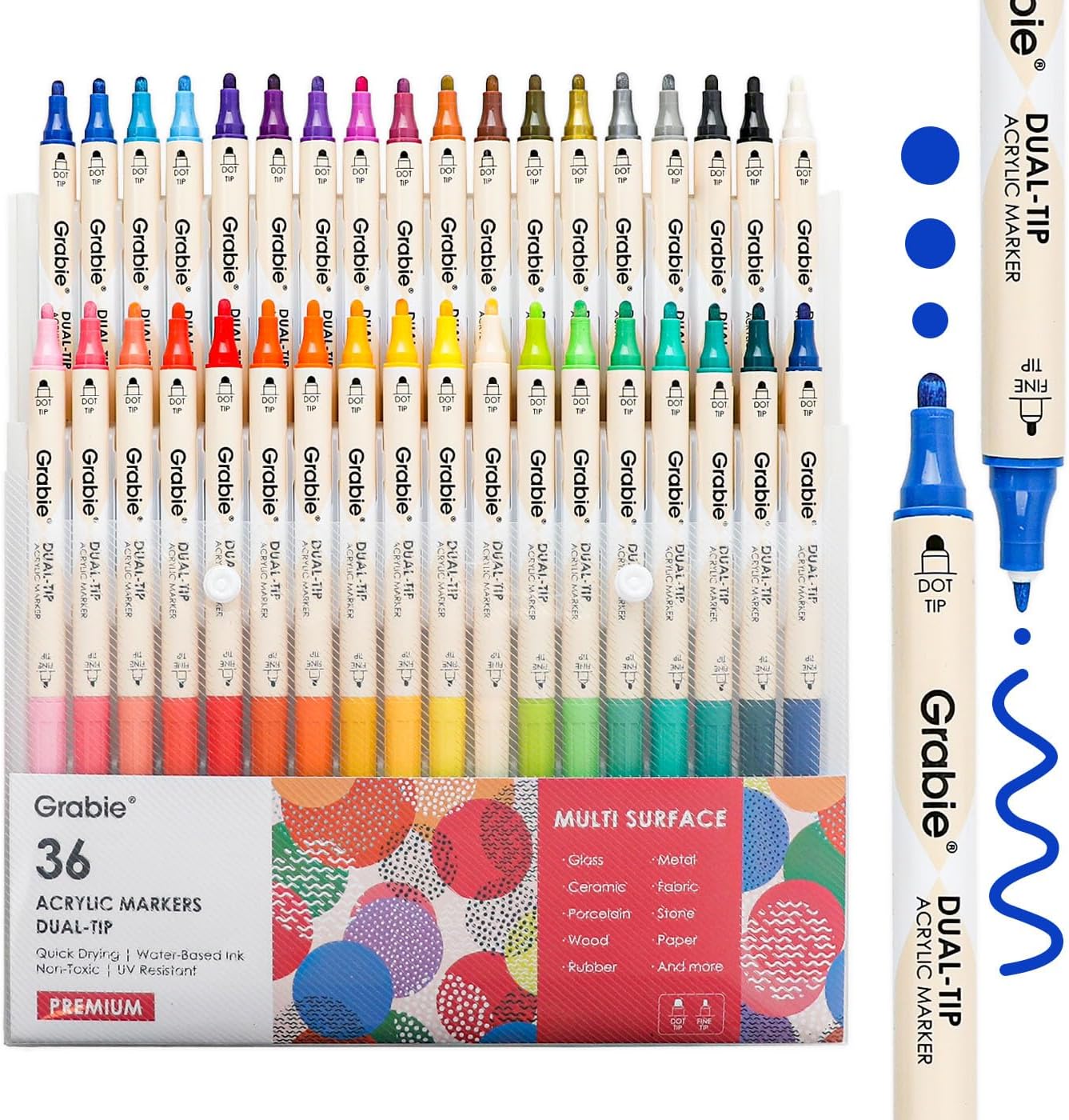 Grabie 36 Dual Tip Acrylic Paint Markers, Acrylic Paint Pens, Fabric Markers for Fabric, Canvas, Rock, Glass, Wood, Paper, DIY, Canvas DIY Art Supplies Kit
