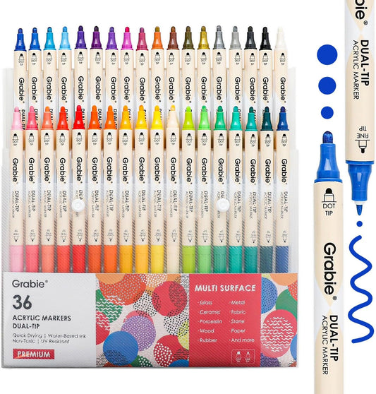 Grabie 36 Dual Tip Acrylic Paint Markers, Acrylic Paint Pens, Fabric Markers for Fabric, Canvas, Rock, Glass, Wood, Paper, DIY, Canvas DIY Art Supplies Kit
