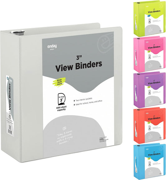 3 Slant D-Ring Binder 3 Inch Grey, 3 in Clear View Cover with 2 Inside Pockets Binder, Heavy Duty Colored School Supplies Binders,Also Available in Green, Red, Purple, Blue, Pink (12 PC) – by Enday