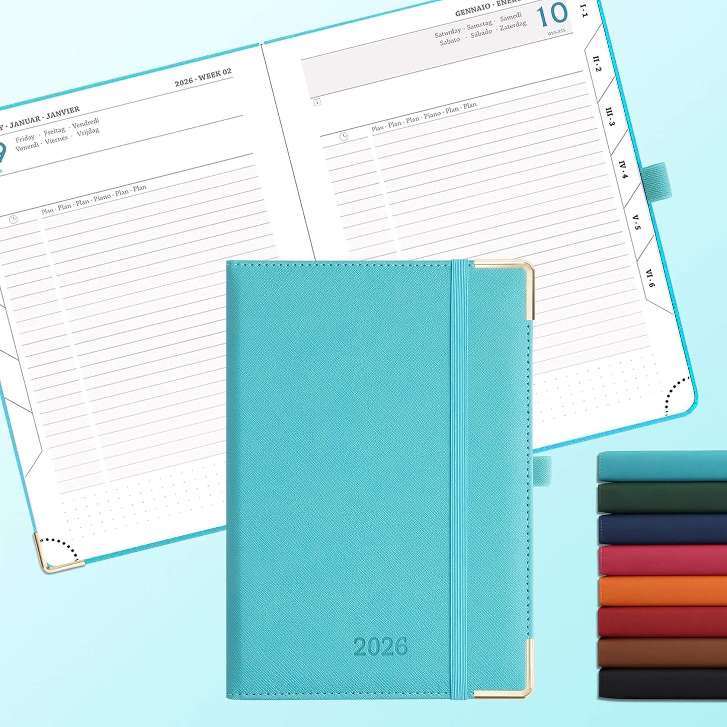 Daily Planner 2026 with One Page Per Day,(A5-8.5" x 5.9"),12 Months Calendar Hourly Appointment Book Monthly Tabs & Self-adhesive Pen Holder,Inner Pocket, Vegan Leather Hardback,Light Blue
