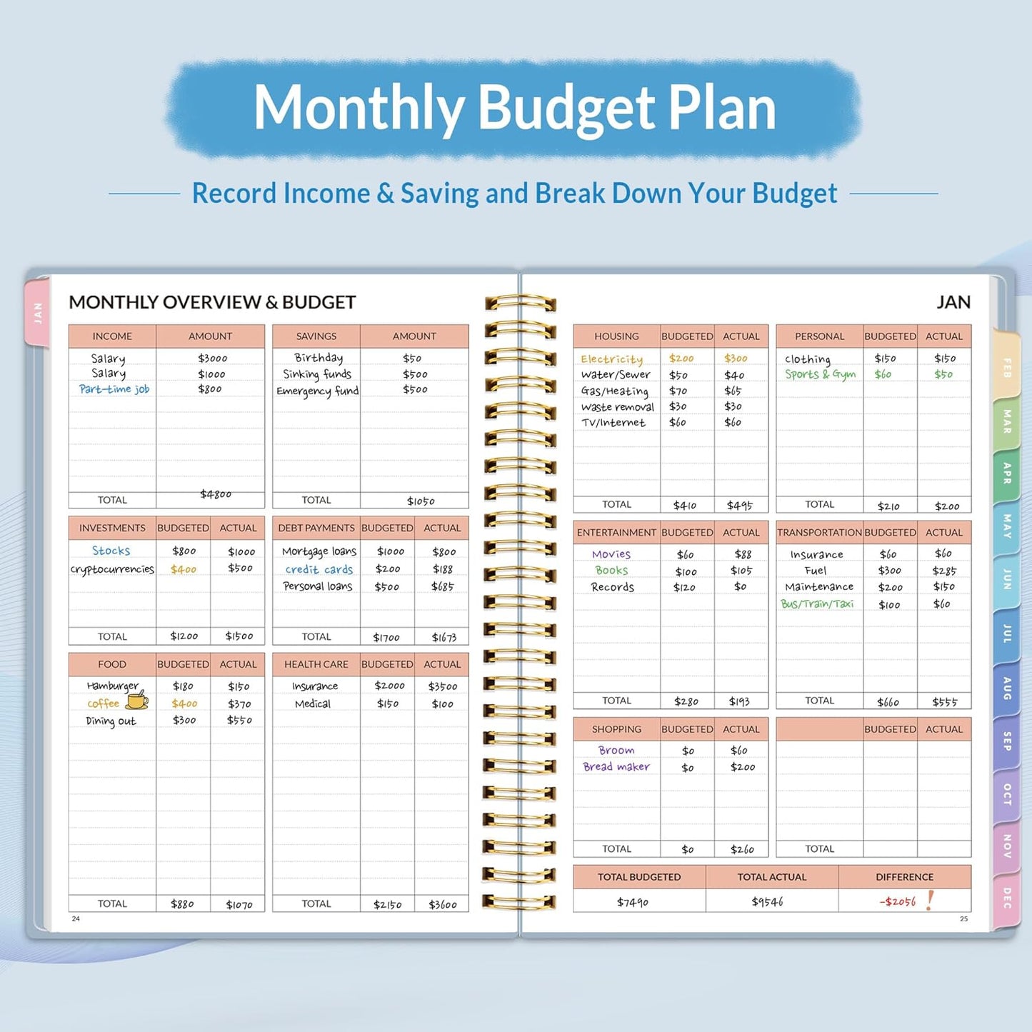 2026 Budget Planner - Monthly Budget Book from JAN 2026 - DEC 2026 with Expense Tracker Notebook, A5 Size (6.4" x 8.3") Bill Organizer & Finance Planner Account Book to Manage Your Finances, Blue