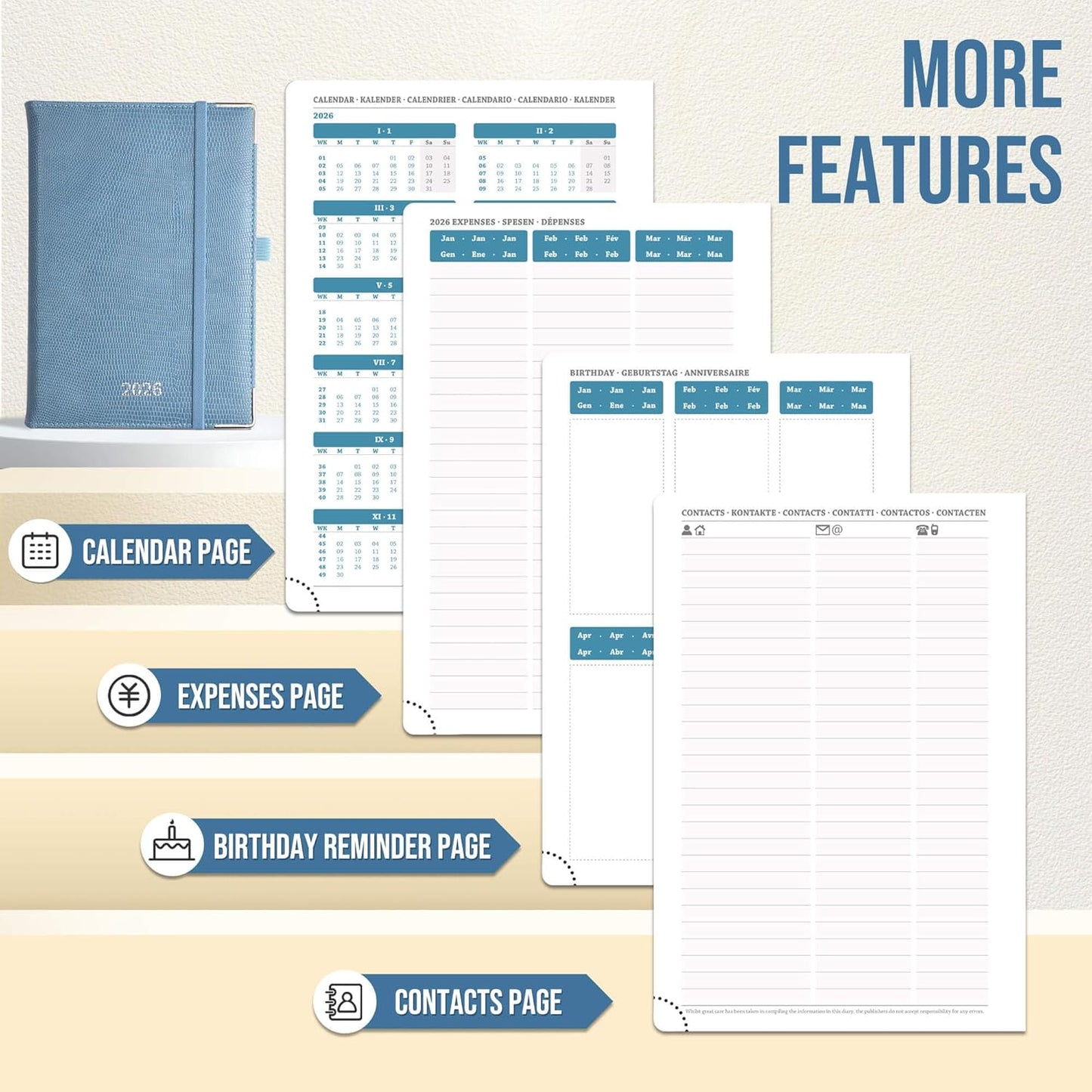 Daily Planner 2026 with One Page Per Day,(A5-8.5" x 5.9"),12 Months Calendar Hourly Appointment Book Monthly Tabs & Self-adhesive Pen Holder,Inner Pocket,Durable Vegan Leather,Sky Blue