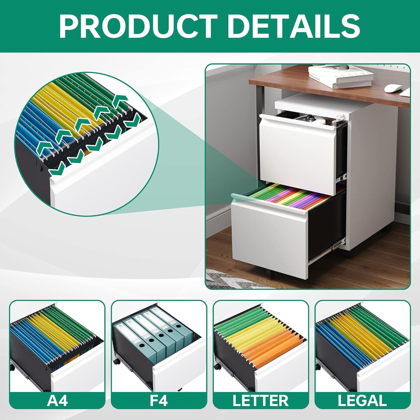 Letaya 2 Drawer Mobile File Cabinet with Lock,Under Desk Metal Filing Cabinets for Home Office Organizer Letters/Legal/A4(White-Requires Installation)