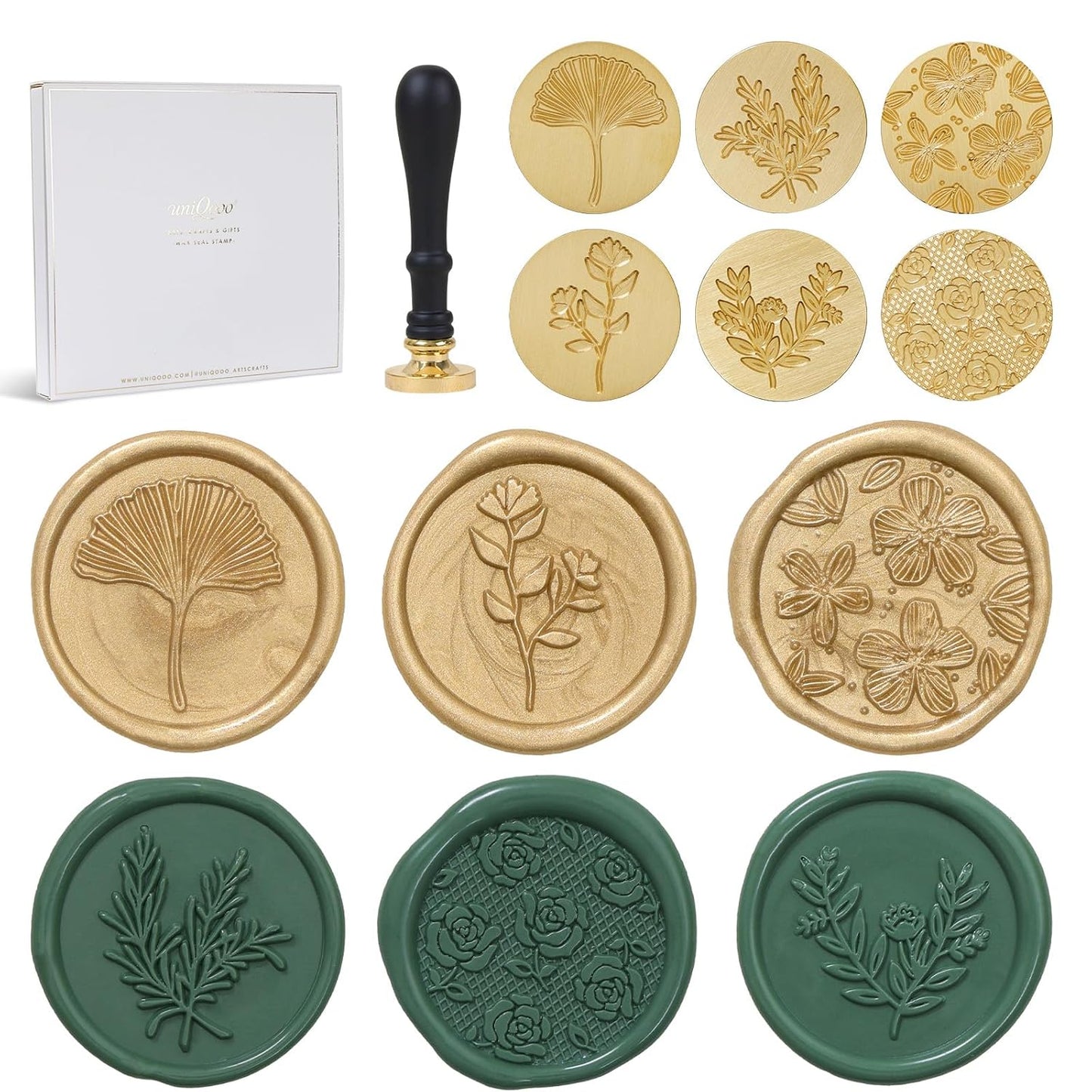 UNIQOOO 6 Pcs Wax Seal Stamp Set, Floral Stamps Botanical Sealing Stamper Kit, Wooden Handle with Brass Head for Wedding Greeting Cards Gift
