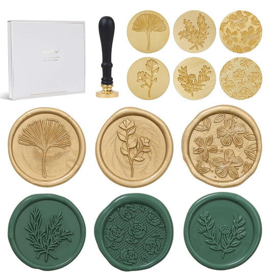 UNIQOOO 6 Pcs Wax Seal Stamp Set, Floral Stamps Botanical Sealing Stamper Kit, Wooden Handle with Brass Head for Wedding Greeting Cards Gift