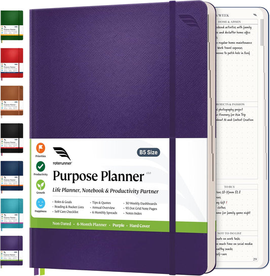 Roterunner 2025 Purpose Planner Notebook B5 7.5'x9.8' Undated Daily Weekly Monthly Productivity Goal Setting Tool for Work Home ADHD Planner Adult Self Care Journal (Purple Hardcover)